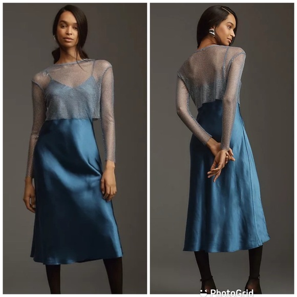 DOLAN LEFT COAST Long Sleeve Mesh Mockable Midi Slip Dress In Blue New with Tags - Picture 1 of 12